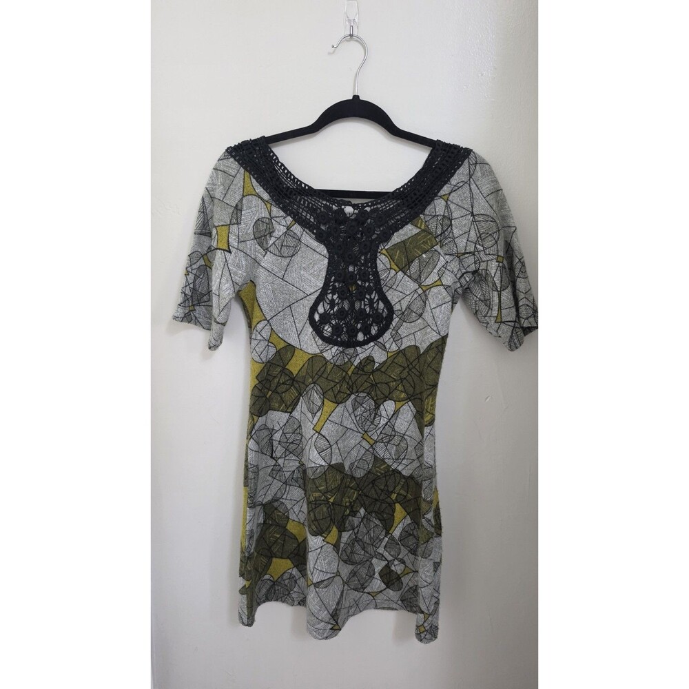 ANGIE Butterfly Crochet Sweater Dress Mini Tunic Abstract Geometric Green Gray S